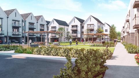 A rendering of a large new townhome community with white buildings and open greenspaces.