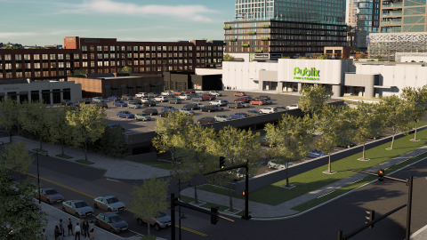 A rendering of a large new development being built with a Publix grocery story at one side. 