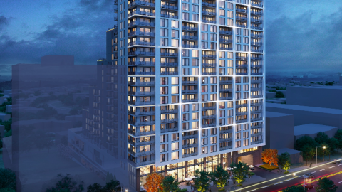 A rendering of a tall new apartment building with a flat face overlooking Peachtree Street in Atlanta, with stairstep architecture behind it. 