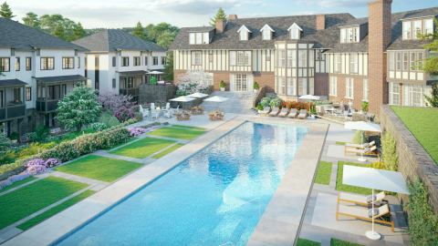 A rendering showing a new community planned with a pool and manor houses where a big Atlanta Church once stood. 