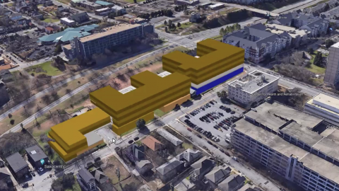 A crude rendering of a huge mixed-use proposal in Atlanta near two busy streets. 