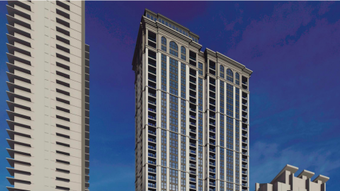 A rendering of a large new apartment tower of stone under a classical top and blue skies. 