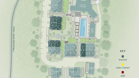 A rendering of a site plan with a bunch of townhomes and smaller condos and a large pool. 