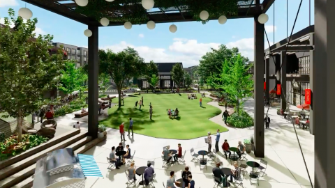 A rendering of a large mall area redeveloped with new outdoor shops and greenspaces. 