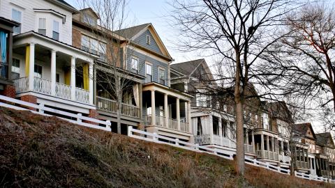 A row of townhomes under gray winter skies in Atlanta near the BeltLine. 