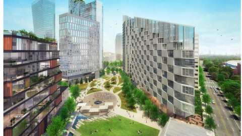 A rendering of a new park built over a highway under blue skies in Atlanta. 