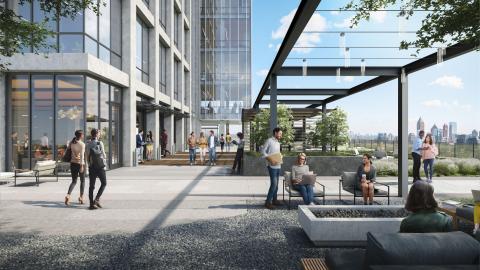 A rendering of an outdoor area at a large new office development with the Atlanta skyline in the background.