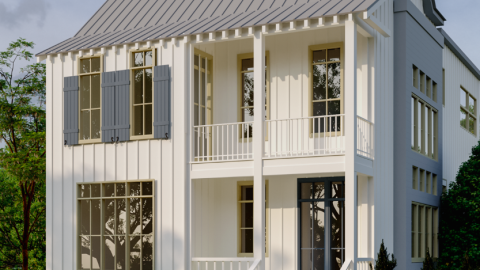 A rendering of a new home proposed with two stories on a site near trees under blue skies.