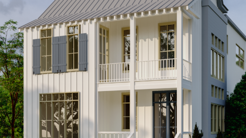 A rendering of a new home proposed with two stories on a site near trees under blue skies. 