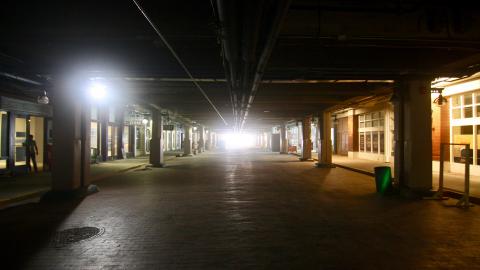 A photo of an underground entertainment district in Atlanta with streets of red brick.