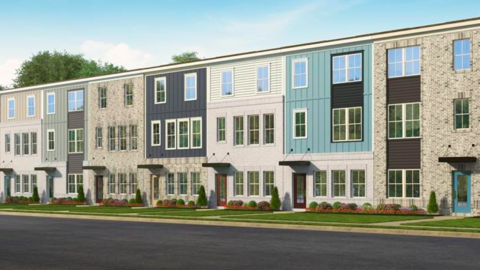 An image showing a new townhome with blue, white, and brick facades and a white modern interior in Atlanta.