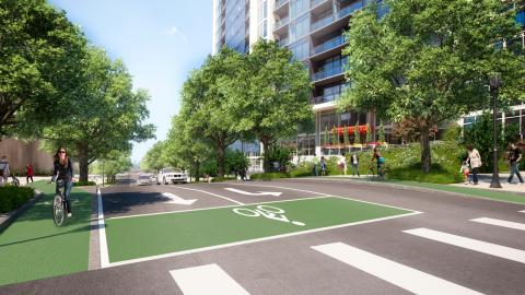 A rendering of a new street with bike lanes and trees installed in Midtown Atlanta.