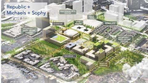 A rendering showing a large redevelopment on current parking lots next to downtown Atlanta. 