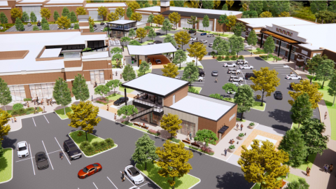 A rendering of a large shopping center with new buildings created in parking lots. 