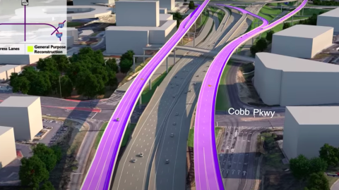 A rendering of a huge new elevate expressway project over existing highways in Atlanta, with new lanes shown in purple.