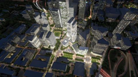 A rendering of a highway-capping park with greenspaces surrounded by glowing buildings in downtown Atlanta.