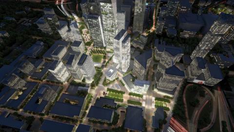 A rendering of a highway-capping park with greenspaces surrounded by glowing buildings in downtown Atlanta. 