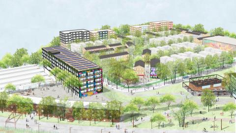 A rendering of a huge new development next to a BeltLine trail with many buildings and trees and a farmers market and people milling about. 