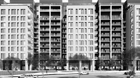 A rendering of a 12-story apartment building in black and white under white skies in Atlanta.