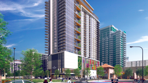 A rendering of a tall new apartment tower with rainbow screening around its garage at bottom. 