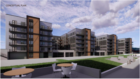 A rendering of a row of new residential building in gray and black and wood under blue skies. 
