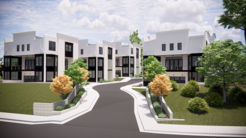 A rendering of white townhome with large white interiors along a busy road beside many trees. 