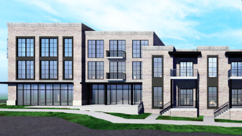 A rendering of a building under blue skies with a white brick facade and much glass.