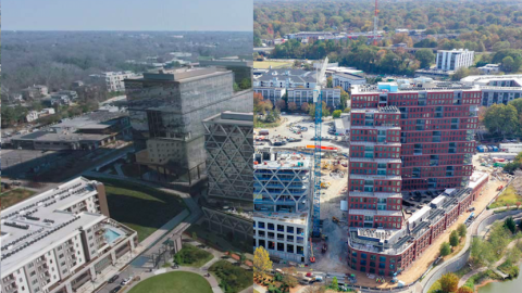 A before after comparison of a huge construction project in Atlanta under blue gray skies next to a pond.