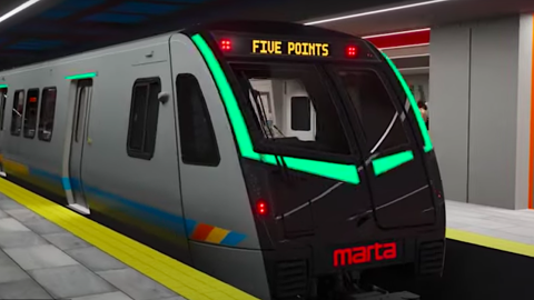 A rendering of a new train car for MARTA shown in an Atlanta subway station. 