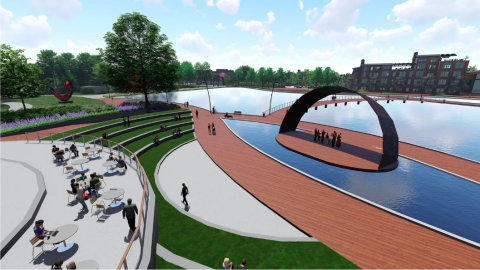 A rendering of a large new mixed-use project with a huge lake in the center.