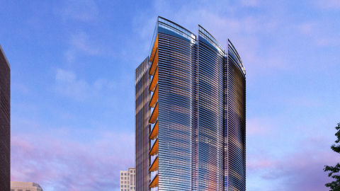 A rendering under blue-purple skies showing a tall building with fins on it. 