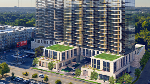 A rendering of a large new glass building with many balconies near many trees in Atlanta.