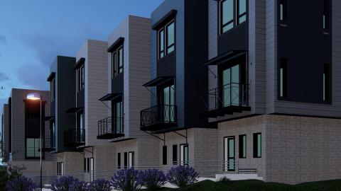 A rendering for a row of modern style townhomes under blue skies with lamp posts in front in Atlanta.