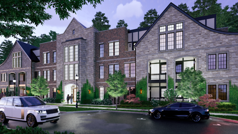 A rendering of a stone-clad condo proposal under blue-gray skies in suburban Atlanta.