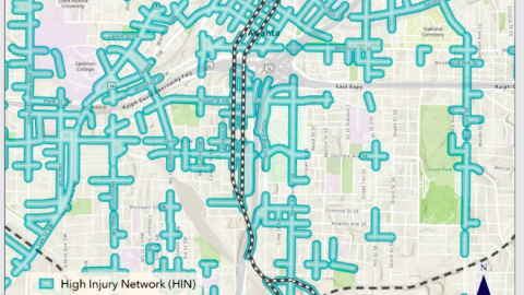 An image of a map of Atlanta with many blue lines and route for new bike paths shown.