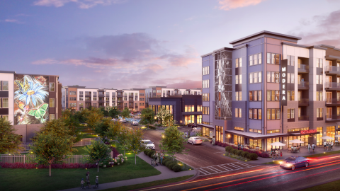 A rendering of a large new development under purple-blue skies in Atlanta, near the airport.