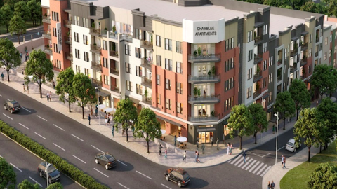 A rendering showing a new apartment building in white and brick beside a busy wide street with people walking around.