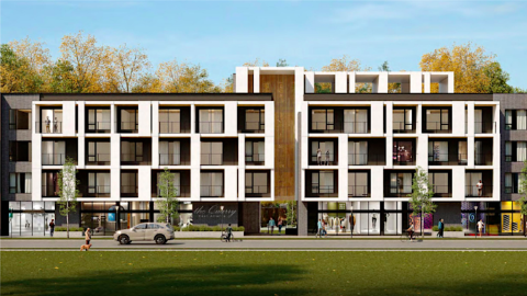 A rendering of a modern new white apartment building under blue skies near many trees and woods.