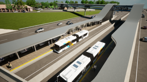 A rendering showing a bus terminal made of steel and shiny plates in the middle of a large highway in metro Atlanta.