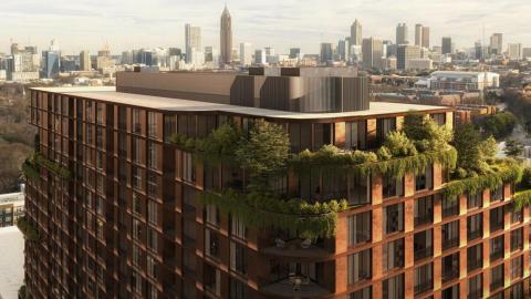 A rendering of a large brown skyrise with green elements hanging off it and a large skyline in the distance.