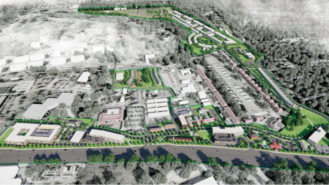 A massive redevelopment site shown next to historic buildings near many trees and a large road. 