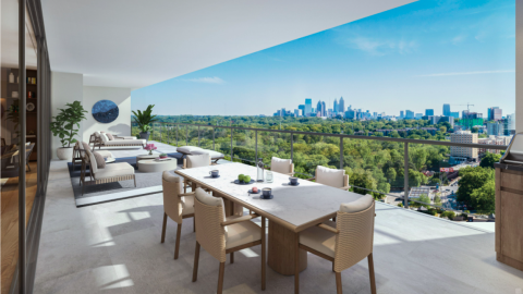A rendering of a huge patio with views over trees and a large skyline. 