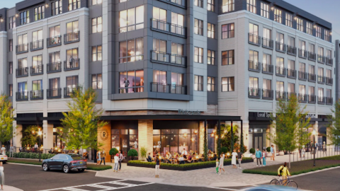 A rendering of a blue and white apartment complex with retail at the corner in Atlanta.