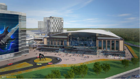 A rendering of a large arena complex under blue skies with many lights.