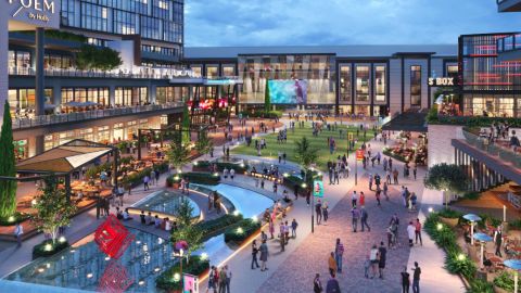 A rendering of a large open plaza next to a sports stadium in suburban Atlanta. 