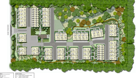 An aerial rendering of a townhome site plan shown with many houses and trees.