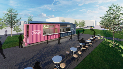 A rendering of a pink and blue new shipping container bar with solar power. 