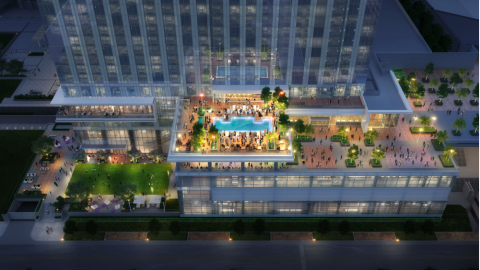 A rendering show a large tall glassy hotel in downtown Atlanta with a pool outdoors and huge modern rooms with much glass.
