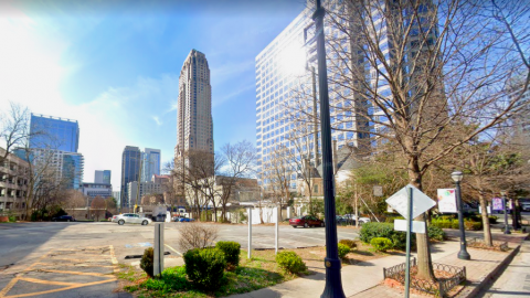 An image showing a location where a 42-story skyscraper is being proposed under blue Atlanta skies.