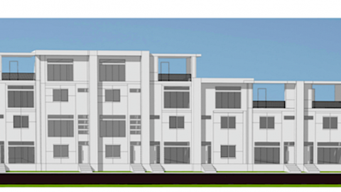 A rendering of a white and blue image of townhomes planned in Atlanta. 